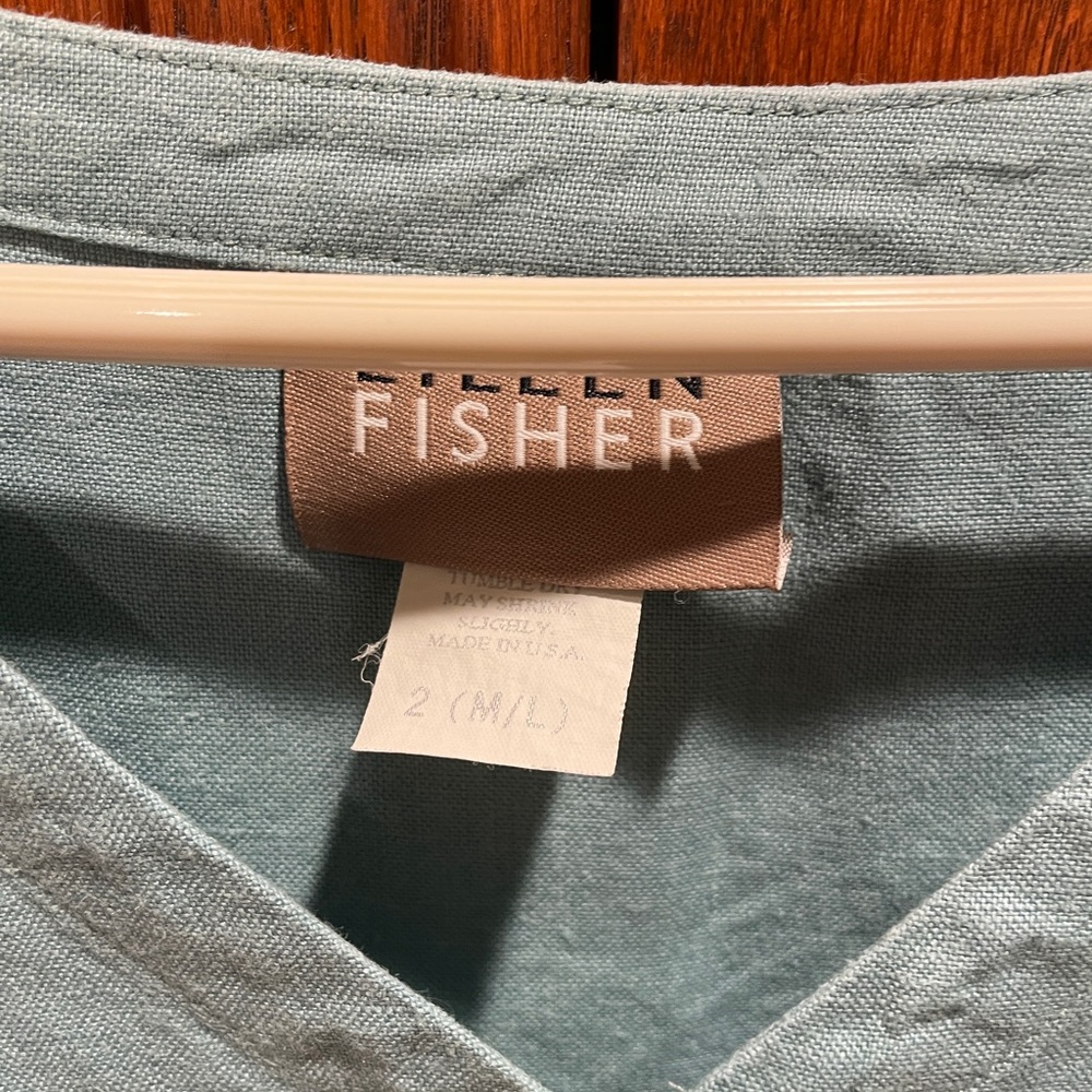 Eileen Fisher Vintage Light Teal Linen Button Vest & Shorts outfit or separates. - Picture 4 of 13